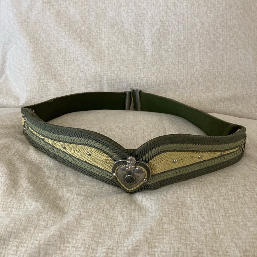Corded & Silver Heart Belt. dk green, pale yellow, Medium-Small